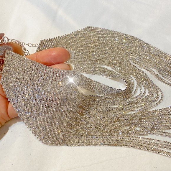 Silver -Tone Rhinestone Pave Waterfall Bib Necklace Multi Strand Chain Collar - Picture 8 of 10